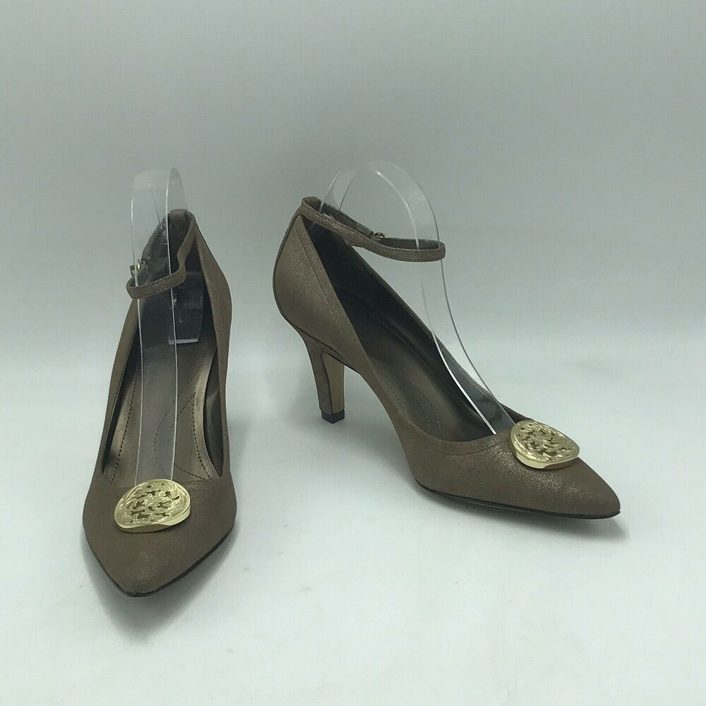 Tahari Women's 9.5 Marion Heels Closed Toe Brown Gold Strap Buckle Career